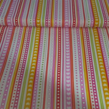 **Tela colorido lineal** de algodón 100% con estampado de rayas de colores y trazos geométricos de 1,10m de ancho