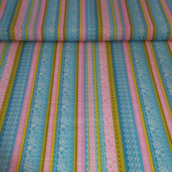 Tejido de algodón 100% con estampado vibrante que combina tonos azul celeste, rosa fucsia y blanco para costura creativa