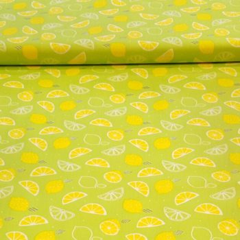 Tela limones** de algodón 100% con estampado de limones amarillos y hojas verdes de 1,10m de ancho