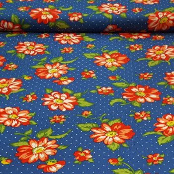 Estampado de tela de algodón 100% con motivos florales en tonos rojos intensos y detalles botánicos para acolchado y costura creativa
