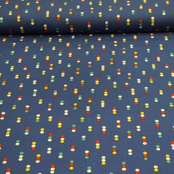 Tejido de algodón blanco con estampado de lunares pequeños y puntos de colores variados como rojo, azul, verde y amarillo para patchwork