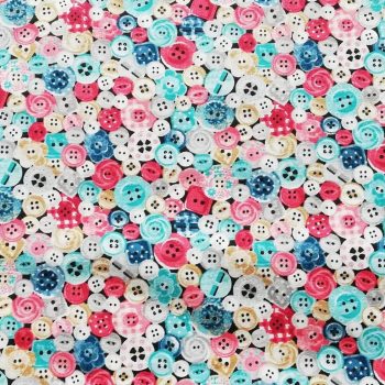 Tela Motivo Costura Botones de algodón con estampado de botones de colores sobre fondo neutro