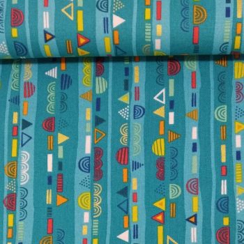 Primer plano de tela de algodón 100% color turquesa con estampado geométrico de líneas y formas blancas para acolchado y patchwork
