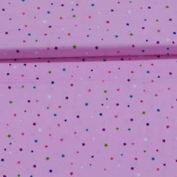 **Tela lila con estrellas** de algodón 100% con estampado de pequeñas estrellas blancas sobre fondo lila de 1,10m de ancho
