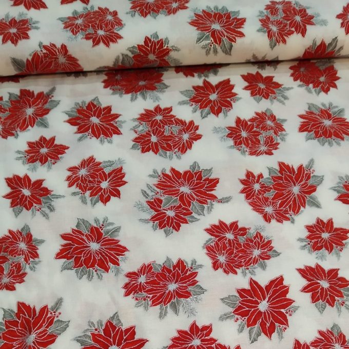 tela de navidad blanca con flores de pascua