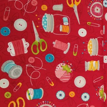 Tela Motivos Costura Accesorios de Confección con estampado de tijeras, hilos y útiles de sastre