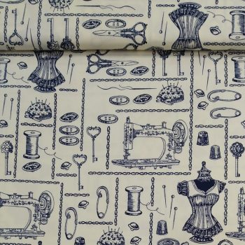 Tela Motivos Costura Confección con estampado de artículos de mercería y costura