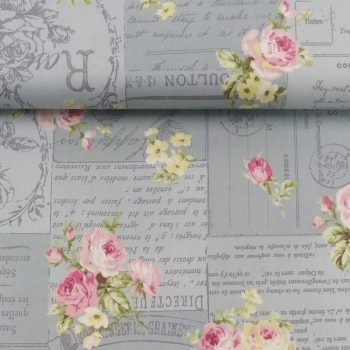 Tejido de algodón azul con estampado de sellos, caligrafía y postales antiguas de estilo vintage para costura creativa