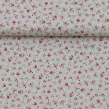 Tela de algodón 100% con estampado de pequeñas florecillas sobre fondo crudo natural para costura creativa