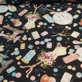Tela con Motivos de Costura Sewing Notions con diseño de accesorios de mercería vintage
