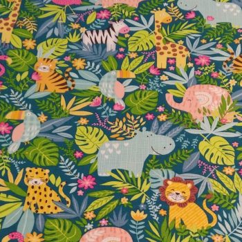 Tela infantil in the jungle** de algodón 100% con estampado escénico de animales de la selva de 1,10m de ancho