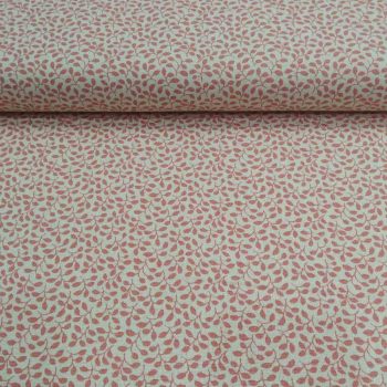 Tela de loneta reciclada con diseño de hojas veraniegas Summer Leaves número 5, fondo beige con estampado rosa, tejido eco-responsable para bolsos y decoración, Mercería Karmele Tolosa