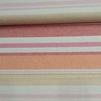 Tela de loneta reciclada colección Sunshine número 5, estampado en colores ocre, rojo, rosa y salmón, tejido eco-responsable para bolsos y decoración, Mercería Karmele Tolosa