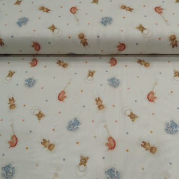 Tela de Piqué Infantil Juguetes de algodón con estampado de caballitos, osos y bloques de madera