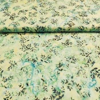 Tejido de algodón artesanal tipo batik color turquesa con estampado de ramas para patchwork y costura