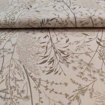 Tela de loneta reciclada color beige con estampado de ramilletes en tonos tierra, colección Desert Dreams, tejido resistente para confección de bolsos y decoración, Mercería Karmele Tolosa