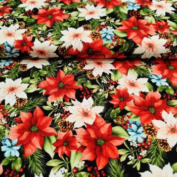 Tela de algodón 100% de color negro con estampado de flores de pascua rojas para costura de Navidad y patchwork