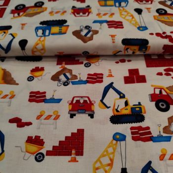 Tela patchwork construcción** de algodón 100% con estampado de señales y herramientas de obra de 1,10m de ancho