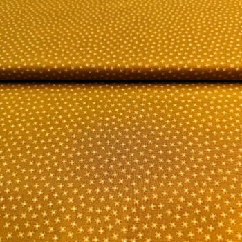 Tela ocre mostaza con estampado geométrico pequeño de la diseñadora Kim Diehl para patchwork y aplicaciones
